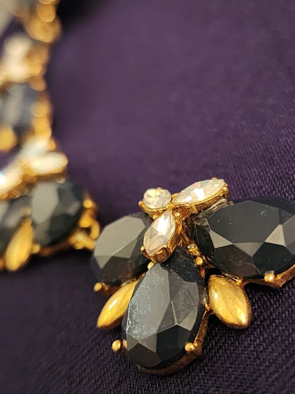 J.Crew Dark Navy Blue Opalescent Floral Statement Necklace Gold Tone